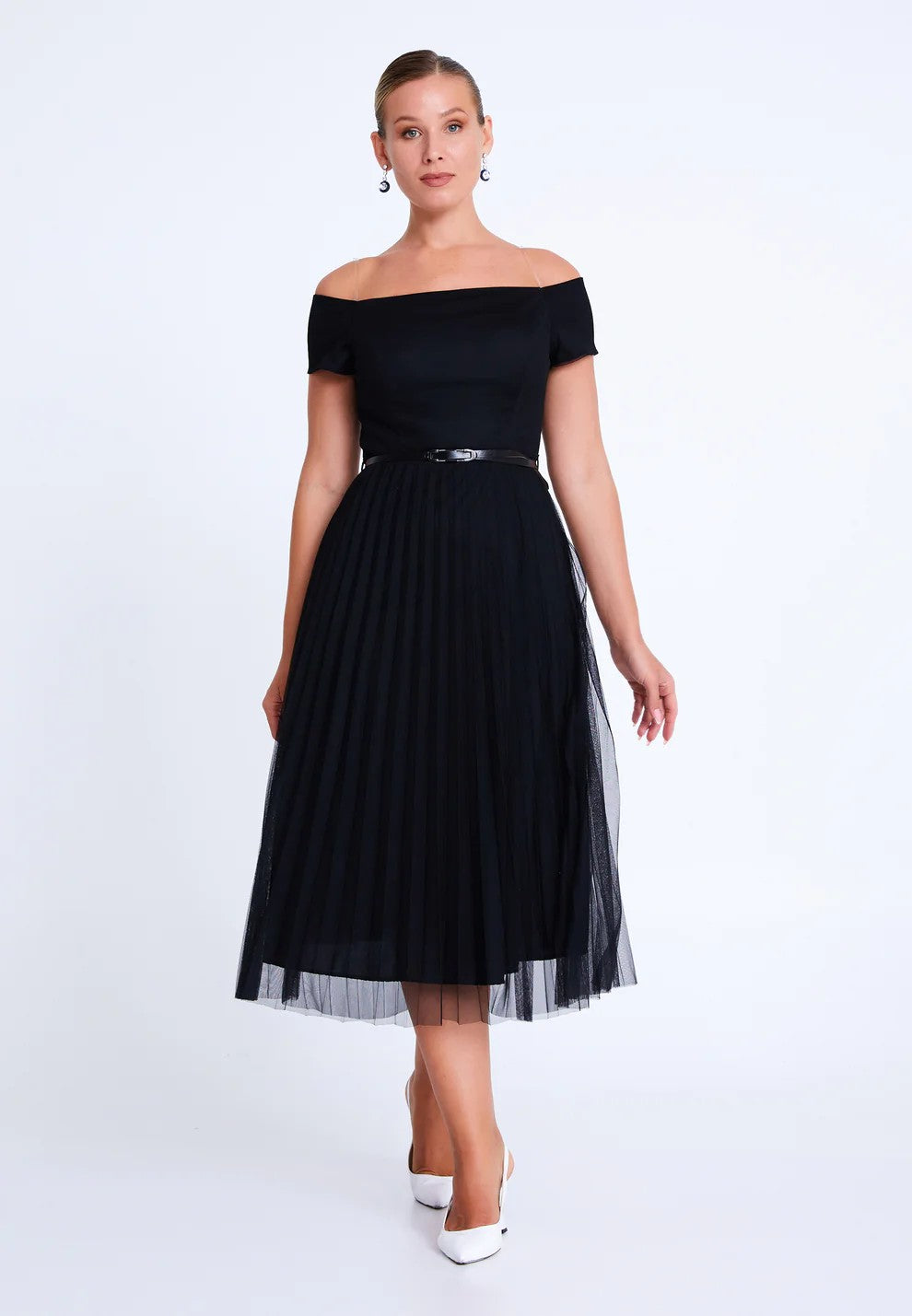 Midi Tulle Column Plus Size Wedding Guest Dress off shoulder