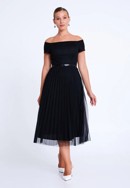 Midi Tulle Column Plus Size Wedding Guest Dress off shoulder