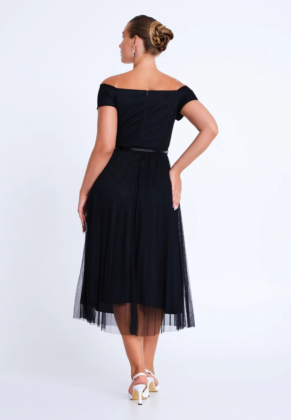 Midi Tulle Column Plus Size Wedding Guest Dress off shoulder