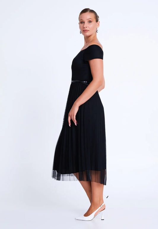 Midi Tulle Column Plus Size Wedding Guest Dress off shoulder