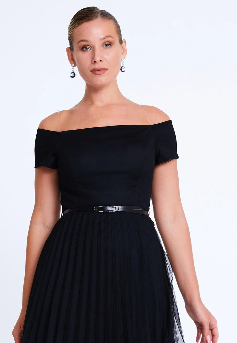 Midi Tulle Column Plus Size Wedding Guest Dress off shoulder